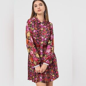 Max And Co. Veneto Floral Shirt Dress Sheer Long Sleeves Pleated Skirt Sz Medium